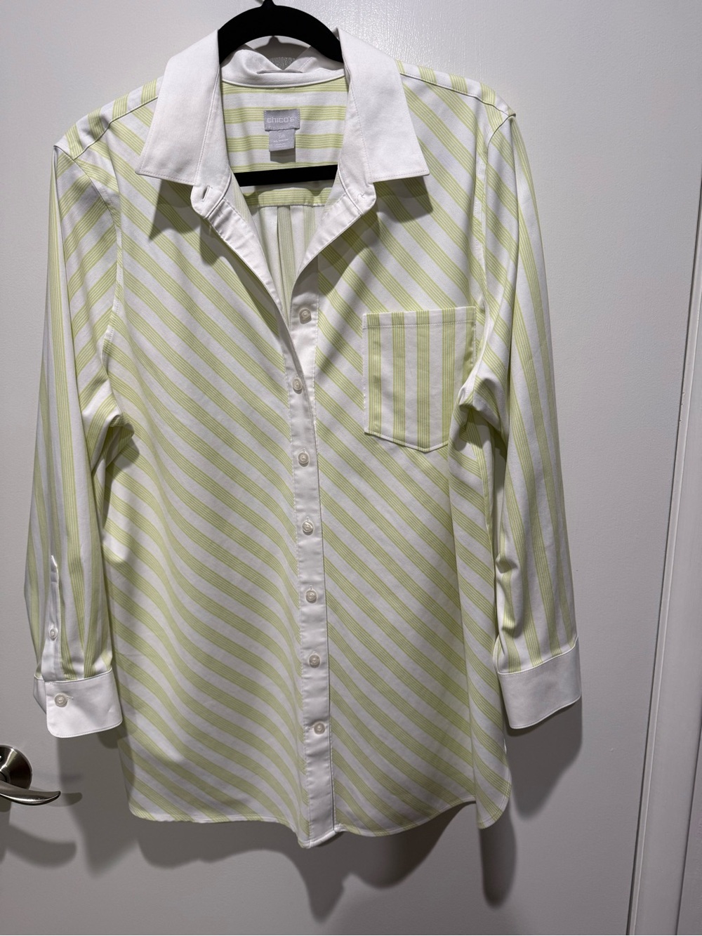 Chico's No Iron Chevron Stripe Stretch Button Down Shirt Green White 3P XL